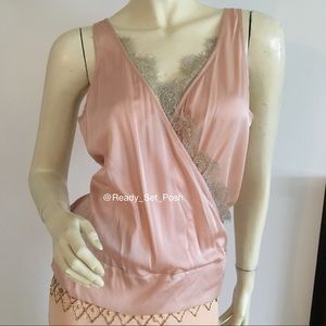 Vintage Herve Leger pink faux wrap front Tank top with lace trim. Silk